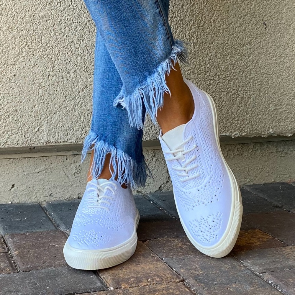 White Lace Up Brogue Fabric Knit Oxford Sneakers - Picture 2 of 16